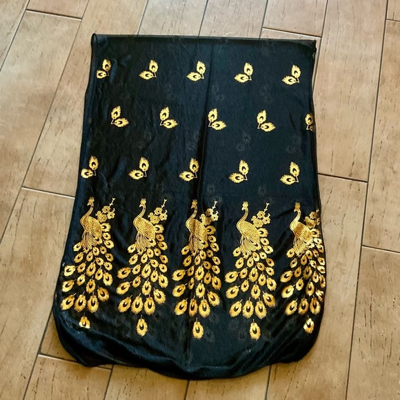 Black Organza Oblong Scarf with Gold Peacocks - Picture 2 of 4